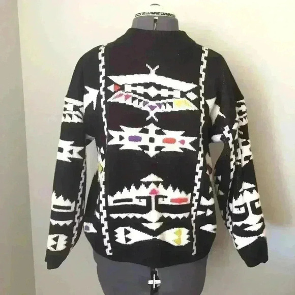 Vtg Jamie Scott Black White Southwest Aztec Geometric Crewneck Acrylic Sweater M - Picture 2 of 7